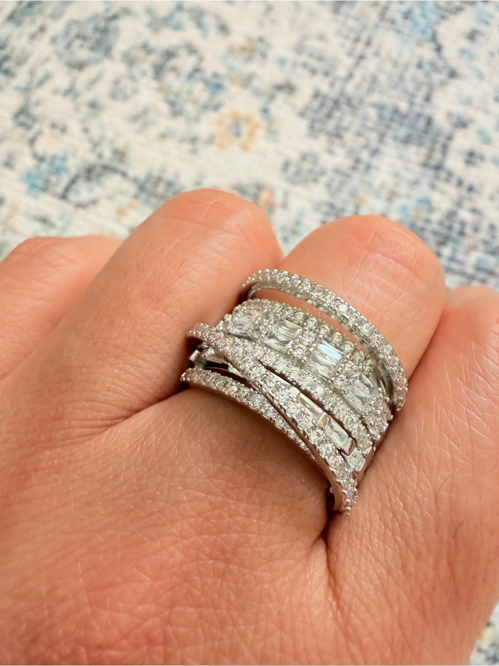 Silver Multi-Row Pavé Diamond Statement Ring Bridal Rings Size 8 - Picture 4 of 5
